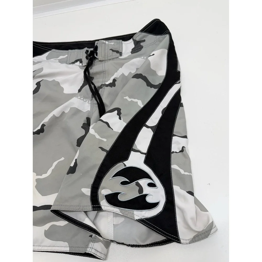 Vintage Billabong Y2K Camo Board Shorts Size 36 Gray White Black Surf Swim Trunk
